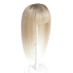 Russian Remy Human <b>Hair</b> Topper with Bangs Silk Base Mono 1B <b>Root</b> Cinnamon Brown & Pearl Blonde - Product Image 1