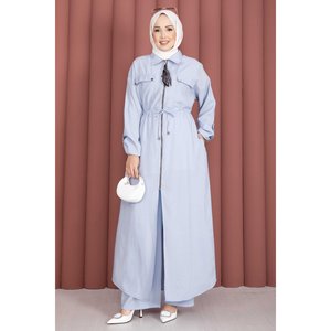Conjunto de Pantalones y Túnica Azul Cielo Casual de Otoño para Bebé, Dos Piezas Holgadas con Cremallera en la Cintura, Top de Punto de Algodón, Patrón Liso, Tejido de Tela - Product Image 4