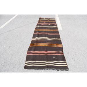 Alfombra Turca Vintage de 2.9x10.2 pies (87x312 cm), Kilim Marrón Naranja con Diseño de Plantas y Árboles - Product Image 1