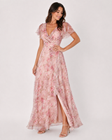 Robe maxi vintage romantique à manches bouffantes à fleurs, décolleté croisé, taille haute, silhouette moulante, écologique et respirante