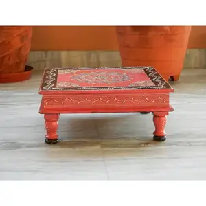 Wooden Handmade Hand Painted Colorful Rangoli Design Indian Chowki Bajot Footstool Table Bed Table Coffee Table