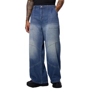 Jean décontracté pour homme, taille mi-haute, coupe droite, délavage clair effet soleil, coupe ample, 100% coton respirant, design personnalisé - Product Image 1