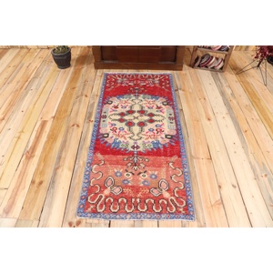 Turkish Eco-Friendly Rug 2.4x5.2 ft Small <b>Red</b> Patchwork <b>Wool</b> Vintage Rug with Latex Backing - Product Image 1