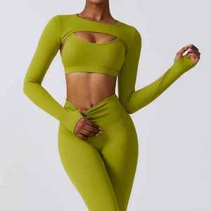 Conjunto de ropa deportiva de 3 piezas al por mayor con etiqueta personalizada para mujer, Sujetador deportivo, Top de manga larga y mallas de talla grande, conjunto de yoga para gimnasio - Product Image 1