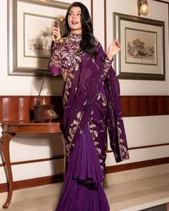 Ropa de boda y fiesta de alta calidad, bordada de estilo de bollwood, Georgette, con volantes, lista para usar, Saree, novedad - Product Image 4