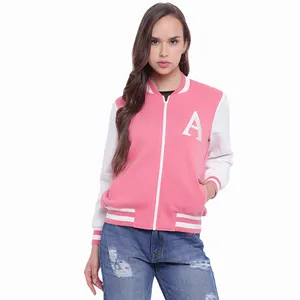 Vestes d'université pour femmes en couleur rose avec manches blanches vestes d'hiver en polaire faites en gros