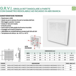 Tecnosystemi G.R.V.I. Rejilla de Pared Rectangular Blanca de ABS, Rejillas y Grelas Integradas con Diámetro Ajustable - Product Image 3