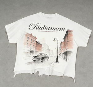 T-shirt homme Titalianman à manches courtes, imprimé voiture vintage peinte à la main, col rond, coupe ample, en jersey de coton - Product Image 1