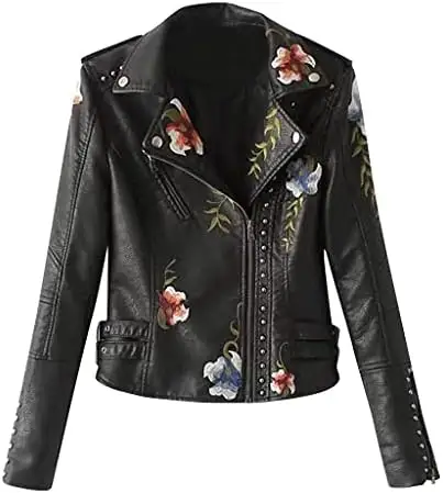 Womens Leather Jacket Casual Fashion Long Sleeve Embroidered Zipper Slim PU Biker Bomber Jackets Vintage Short Coat