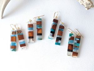 INSPIRED WOODEN STRIKING WARMTH DANGLES Gold Foil <b>Black</b> White Resin <b>Heart</b> Shape Earrings Square Round Geometric Wooden Resin - Product Image 2