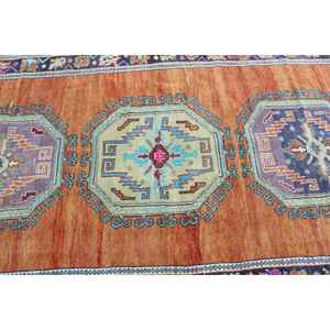 Tapis turc vintage, grand tapis de 4,8 x 10,3 pieds, tapis en laine rayé orange et bleu - Product Image 5