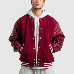 Veste universitaire pour homme en laine 100% noire, col rond, manches en cuir, surdimensionnée, veste universitaire d'hiver, haut pour homme - Product Image 1