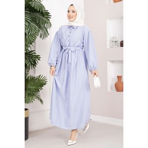 Vestido Hijab a Rayas Índigo con Elegante Cinturón Decorativo y Cintura Fruncida - Product Image 4