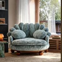 Fauteuil d'appoint créatif à pétales, revêtement en chenille, canapé, fauteuil rond, pieds en bois massif, siège de loisirs pour salon, chambre, bureau