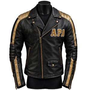 Veste en cuir pour homme brodée sur mesure APA Fraternity, noire et or, OEM ODM. - Product Image 2