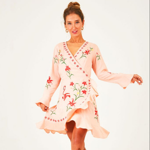 2023 vestido de fiesta de manga larga bordado para mujer, Vestido corto de noche bordado a mano con cinturón, Mini estilo dulce - Product Image 1