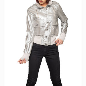 2025 chaqueta de cuero de piel de cordero de Color plateado con botones para mujer, camisa informal, chaqueta de cuero de manga larga para mujer con bolsillo de busto - Product Image 4