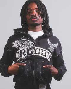 Sweat à capuche personnalisé Boxy 420 Gsm avec broderie en détresse Streetwear Acid Wash Rhinestone recadrée fermeture éclair fabricant de sweat à capuche - Product Image 5