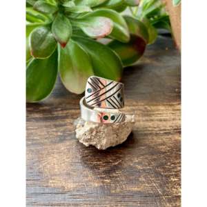 Raymond Begay 18K Gold and Rhodium Plated <b>Adjustable</b> Opal & Sterling Silver <b>Ring</b> Trendy Number Shape Inlay Size 6.5 Gift - Product Image 1