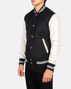 Veste universitaire pour homme de qualité supérieure, noire et blanche, avec un corps en laine douce, des manches contrastées claires et des bordures côtelées rayées - Product Image 2