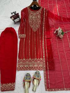 Ensemble de salwar kameez pour femmes en faux georgette rouge brodé avec dupatta, tenue ethnique pour les fêtes - Product Image 4