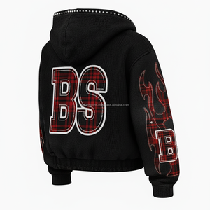 Thick winter zipper hoodie 420 GSM heavy <b>fleece</b> warm fabric <b>black</b> with red flame panel embroidery custom logo basics hoodies - Product Image 5