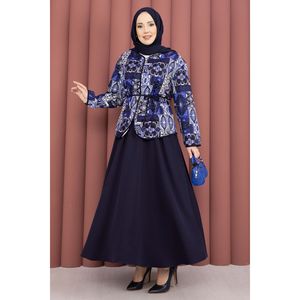 Conjunto de Chaqueta y Falda con Estampado Étnico Azul Marino para Mujer, Diseño Floral Sólido, Estilo Oficina, Crepé, Ropa Deportiva, Blazer Corto de Verano, Talla XL - Product Image 3