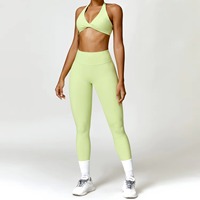 Ensemble de sport pour femme personnalisé en gros, sans couture, à motif écossais uni, avec soutien-gorge de sport dos nageur à taille élastique et leggings de compression, Front Earth