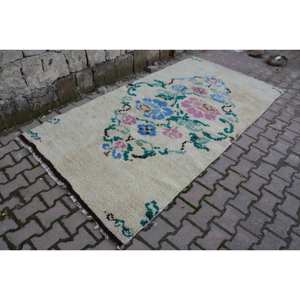 Traditional Beige Blue Vintage Turkish Rug 4.8 X 9.1ft Patchwork Pattern Wool Viscose Material 10mm Thickness Latex for Living - Product Image 3