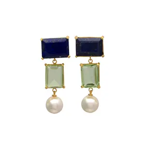 NEW ARRIVAL LAPIS LAZULI GREEN AMETHYST AND PEARL GEMSTONE BRASS EARRING 12*16/10*12/10 MM SQUARE AND ROUND SHAPE BRASS EARRING
