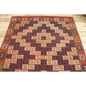 Tapis turc vintage écologique 4,8x6,9 pieds, rouge, patchwork, laine, dos en latex - Product Image 3