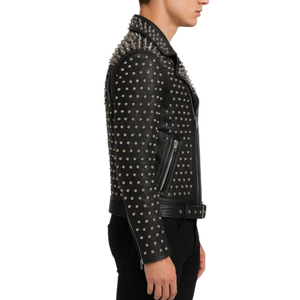 แจ็กเก็ตหนังวัวสีดำทำด้วยมือสำหรับผู้ชายแจ็คเก็ตหนังแท้สไตล์นักขี่จักรยานพังค์ร็อก - Product Image 3