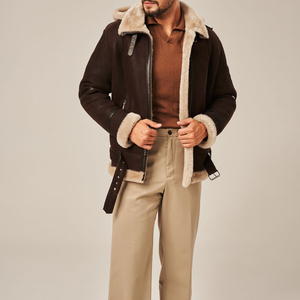 Chaqueta Bomber de piel de oveja impermeable de peso pesado para hombre con cuello levantado para invierno - Product Image 5