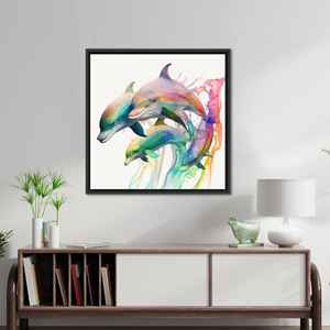 Toile d'art élégante et colorée avec motif de dauphin : décoration murale imprimée de qualité supérieure, toile encadrée noire - Product Image 1