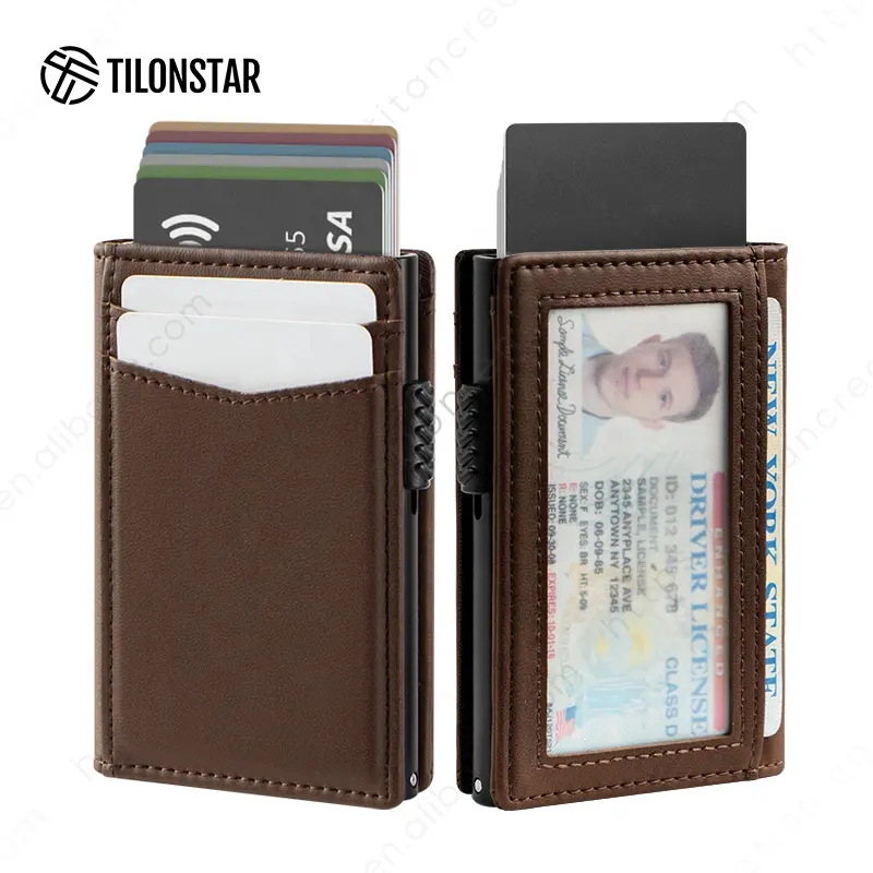 TILONSTAR TVC329 Pop Up deri alüminyum cüzdan RFID kimlik pencereleri ile otomatik kredi kart tutucu engelleme