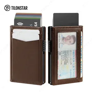 TILONSTAR TVC329 Pop-Up Leder-Aluminium-Brieftasche RFID-Blockung automatischer Kreditkartenhalter mit Identifikationsfenster