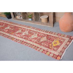 Vintage Turkish Large Area Rug Classic <b>Red</b> 2.6 X 11.1ft 10mm <b>Wool</b> Latex Backing Abstract Rectangular Hallway Design Room Rug - Product Image 4