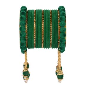 Brazalete tradicional indio Faux Pearl Hanging Tassesl con brazalete de terciopelo Conjunto de brazalete nupcial al por mayor indio, verde oscuro - Product Image 1