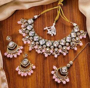 Style ethnique plaqué or Kundan-clouté collier boucles d'oreilles ensemble mode mariages fêtes mariée porter fiançailles cadeaux femmes filles - Product Image 2