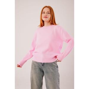 Lustrin Women's <b>Plain</b> Pink Round Neck Knit Pullover Sweater - Comfortable, Stylish, Wholesale Standard Fit <b>Jumper</b> - Product Image 1