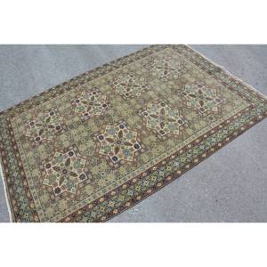 Alfombra turca clásica verde marrón Vintage 4,3x6,7 pies diseño de retazos algas marinas de lana con respaldo de látex para sala de estar de Casa adolescente - Product Image 2