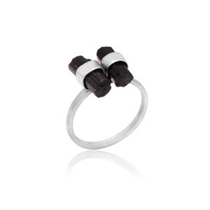 แหวนเงินแท้ทัวร์มาลีนสีดำสองชั้นทำด้วยมือเครื่องประดับสตรีโบฮีเมียนประดับเพชรอัญมณีหยาบ - Product Image 1