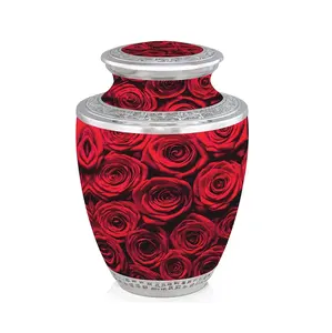 Nuevas urnas rojas de latón con urna de rosas plateadas para cenizas humanas, urnas de cremación de rosas rojas para entierro, urna conmemorativa moderna de latón disponible. - Product Image 1
