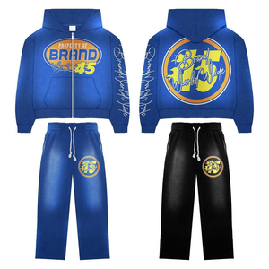 Acid Wash 2-Piece Men's Winter <b>Tracksuit</b> Set Vintage Flared Sweatpants Full Zip Hoodie Regular Fit OEM Printed High Street Style - Product Image 3