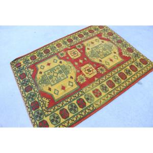 Vintage Turkish Rug, 4x5.3 ft Accent Rug, Red <b>Yellow</b> Oriental <b>Wool</b> Rug - Product Image 3