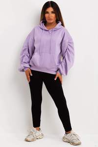 Alta demanda Lila mujer fruncido mangas fruncidas pulóver Sudadera con capucha antiarrugas sudaderas transpirables para mujer gimnasio entrenamiento Sudadera con capucha - Product Image 3