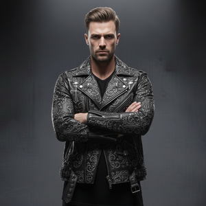 เสื้อแจ็คเก็ตสไตล์โกธิค ไบค์เกอร์ พังก์ หนัง PU ทรงเข้ารูป ประดับหัวกะโหลกและไม้กางเขนสีเงิน - Product Image 4