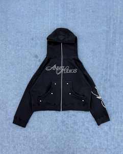 Fabricants de vêtements personnalisés lavage à l'acide strass déchiré sérigraphie à capuche Double taille empilé Baggy pantalons de survêtement ensemble éponge - Product Image 6