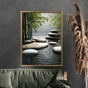 Impression sur toile Zen Bamboo and Stone Path - Décoration paisible et tranquille, encadrée en or - Product Image 1