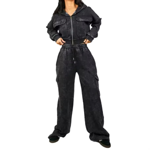 Venta al por mayor de tela de primera calidad de invierno de lana lavado con ácido chándal con logotipo personalizado 100% algodón pesado Casual Sweatsuit para las mujeres - Product Image 1